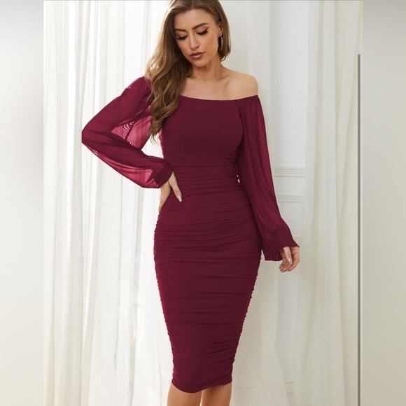 Ruched Bodycon Midi Dress, Square Neck Long Puff Sleeve Mesh - Picture 5 of 8